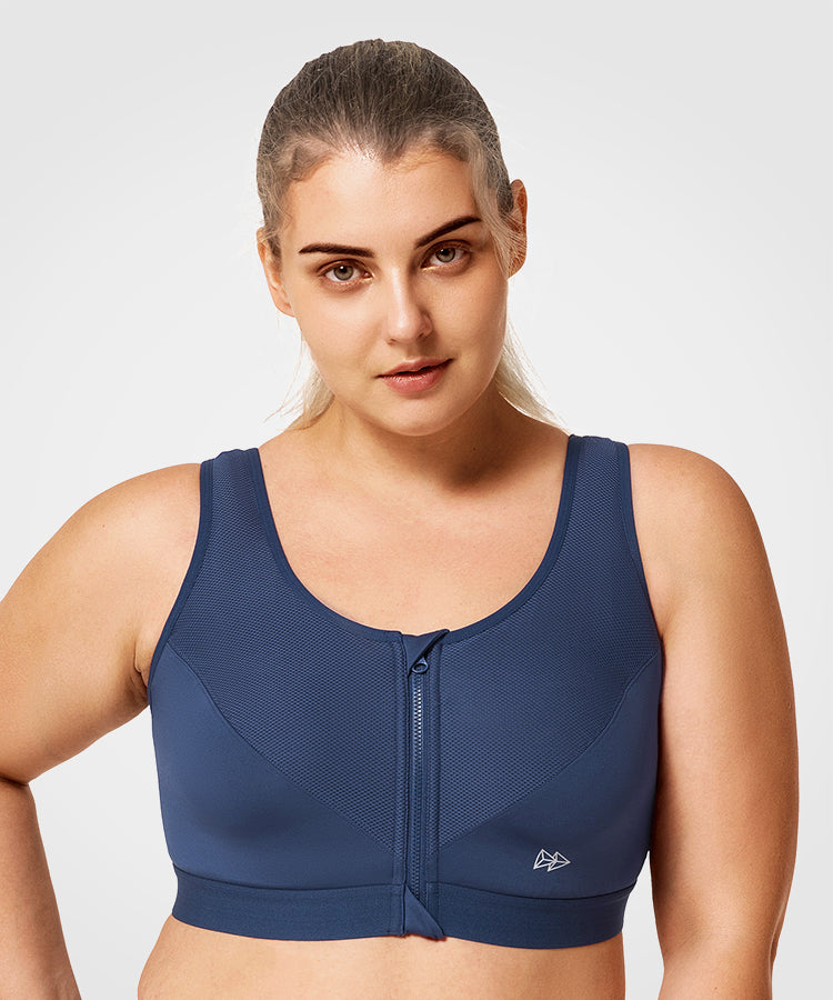 Womens blue zip front plus size high impact bra – Yvette_UK