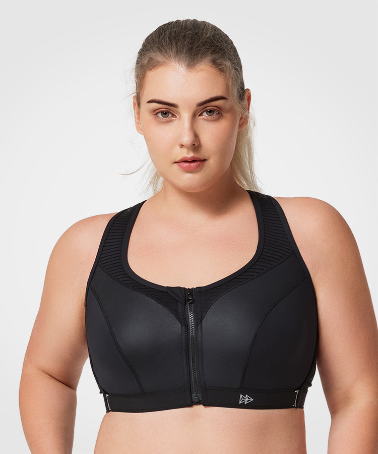 Womens black zip front supportive high impact sports bra – Yvette_UK