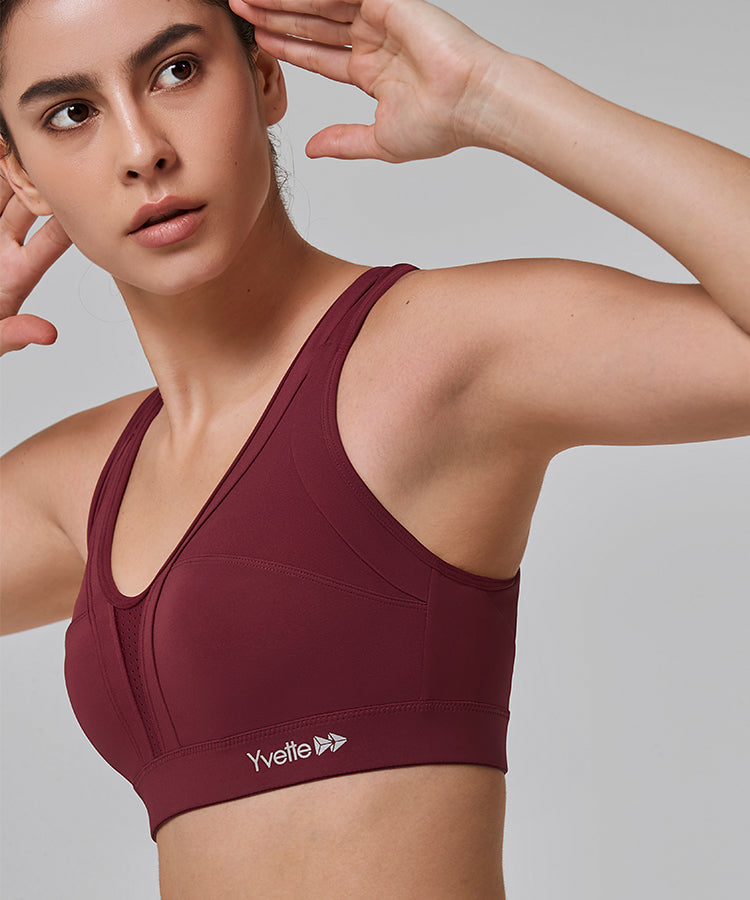 Womens burgundy cross back high impact sports bra – Yvette_UK