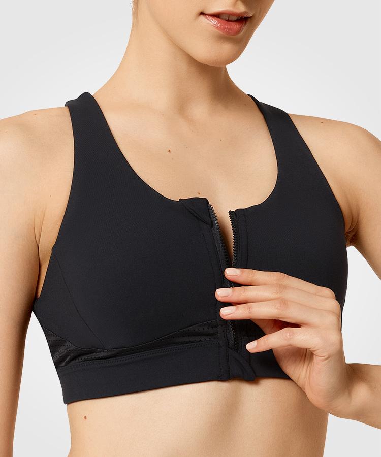 Womens black zip front cross back high impact sports bra – Yvette_UK